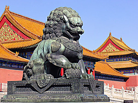 中国,北京,故宫,特写,皇家,监护,狮子,雕塑