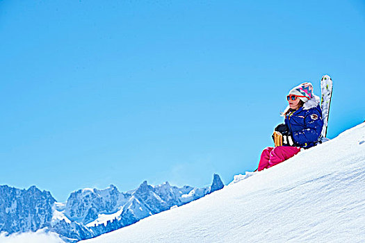 女孩,休息,雪,夏蒙尼,法国