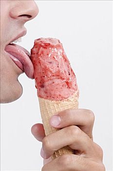 特写,一个,男人,舔,冰淇淋