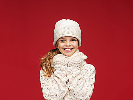 冬天,人,高兴,概念,女孩,帽子,围巾,手套