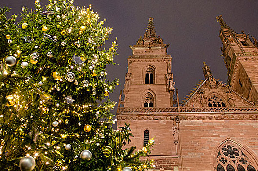 瑞士,巴塞尔,历史,教堂,寒假,市场,马希地区,圣诞节,圣诞树,冬天,夜晚