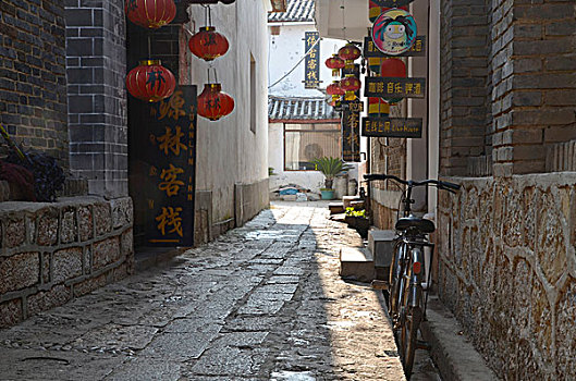 小巷,自行车,中国,灯笼,传统房间,纳西,丽江,云南,西南方,亚洲