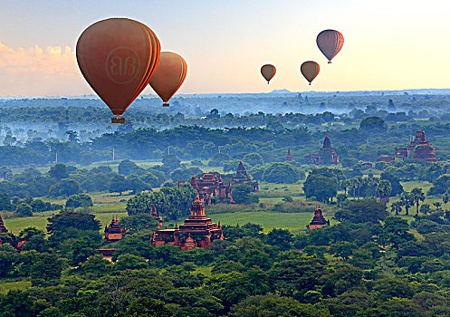 热气球,上方,朴素,2000年,塔,皇家,历史,城市,蒲甘,缅甸,落日