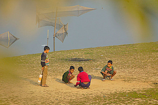 男孩,玩,达卡,孟加拉,一月,2007年