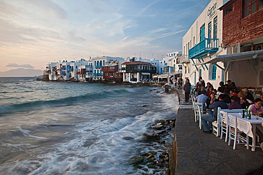 希腊,米克诺斯岛,小威尼斯,户外,餐馆,港口