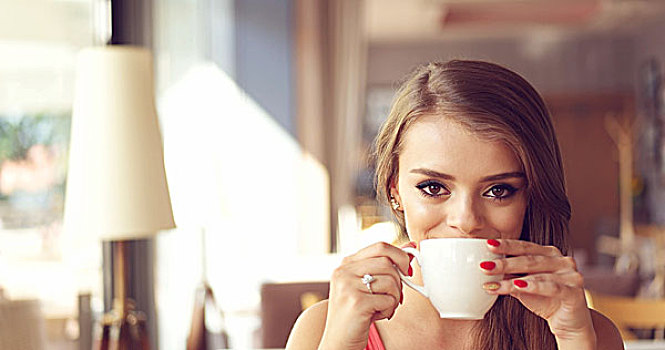 微笑,美女,喝咖啡,晴朗,咖啡