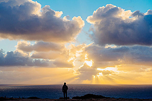 日落,上方,海洋,站立,男人,岩石上,观景,圣地亚哥,加利福尼亚,美国