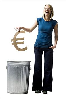 女人,投掷,欧元符号,垃圾