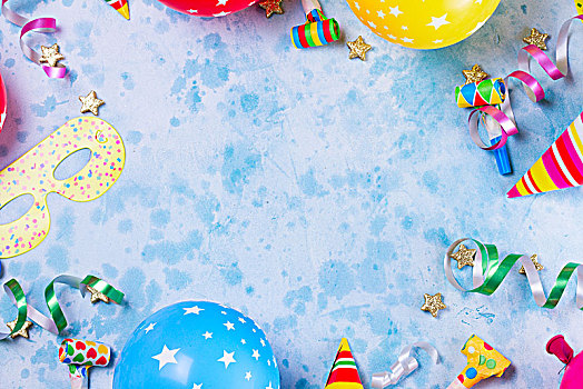 鲜明,彩色,节庆,聚会,场景,气球,彩带,五彩纸屑,蓝色背景,风格,生日,贺卡,留白