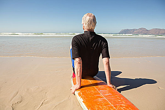 后视图,老人,坐,冲浪板,海滩