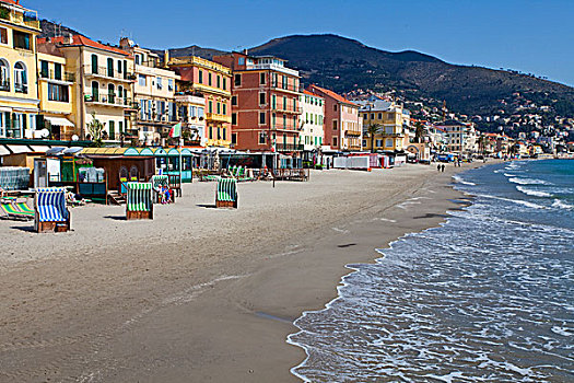 海滩,阿拉西奥,天篷,椅子,房子,里维埃拉,意大利,利古里亚,区域,地中海,欧洲