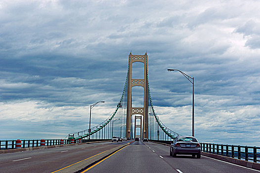 桥,上方,岸边,两个,大湖区,密歇根,休伦湖,美国