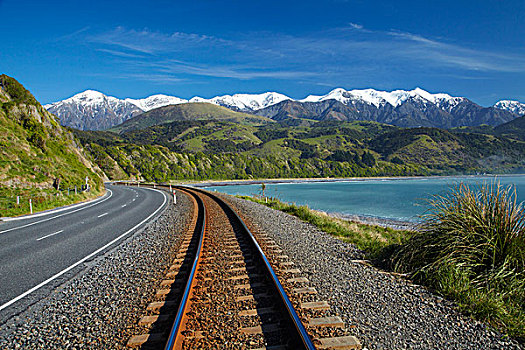 道路,铁路,山脉,靠近,马尔伯勒,南岛,新西兰