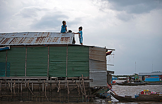 柬埔寨,吴哥,树液,湖,漂浮,乡村,孩子,玩,屋顶