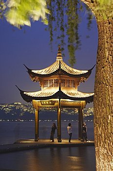 亭子,西湖,黄昏,杭州,中国