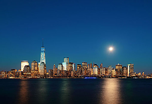 市区,曼哈顿,天际线,黄昏,满月