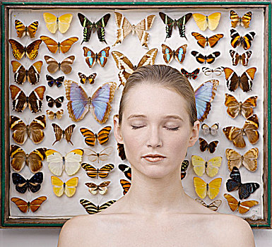 年轻,女人,肖像,蝴蝶,收集