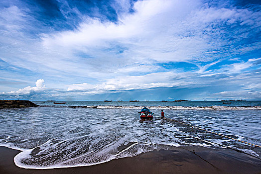 印尼,风光,蓝天,白云,大海,沙滩,船