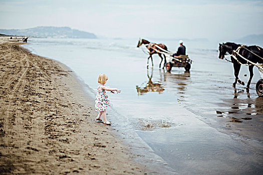 小女孩,投掷,沙子,海中,马