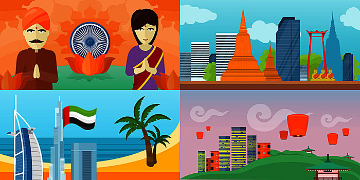旅游,概念,矢量,设计,印度,泰国,日本,阿联酋,国家,建筑,自然,度假,亚洲,旅行,航空公司,广告