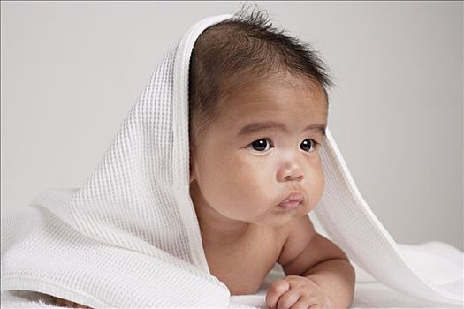 中国人,婴儿,毛巾,上方,头部