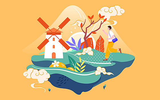 秋分節氣插畫人物秋游秋季出游旅行爬山海報