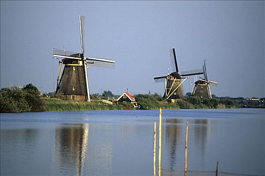 三个,风车,挨着,水,金德代克,省,荷兰南部,荷兰,荷比卢,欧洲