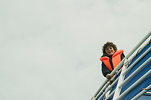 男孩,救生衣,船,雷克雅未克,冰岛