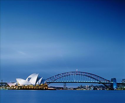 悉尼歌剧院,海港大桥,黄昏,许多,聚光灯,桥,灯光,城市,剧院