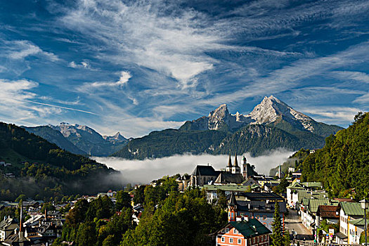 风景,城镇,瓦茨曼山,后面,贝希特斯加登地区,上巴伐利亚,巴伐利亚,德国,欧洲