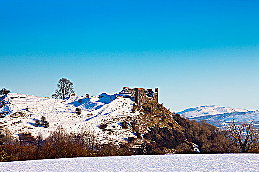 城堡,雪中,遮盖,风景,河,威尔士