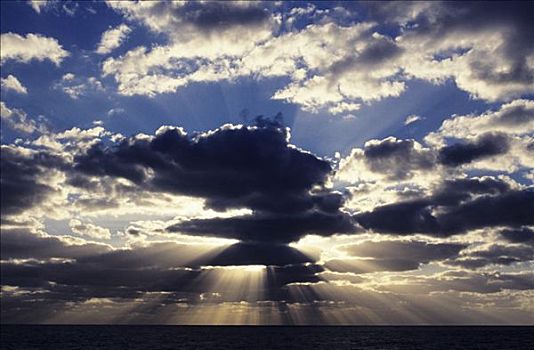 夏威夷,黄昏,积雨云,上方,海洋,地平线