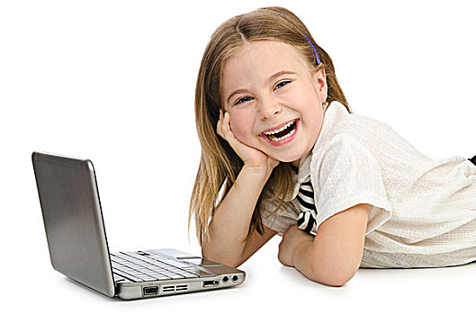 可爱,女孩,笔记本电脑,白色背景