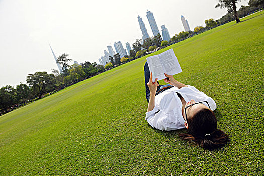 年轻,学生,女人,读,书本,学习,公园