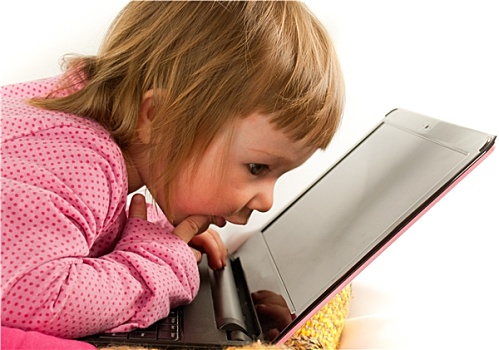 女婴,看,笔记本电脑,显示屏,白色背景,背景
