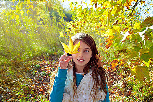 秋天,儿童,女孩,放松,树林,叶子