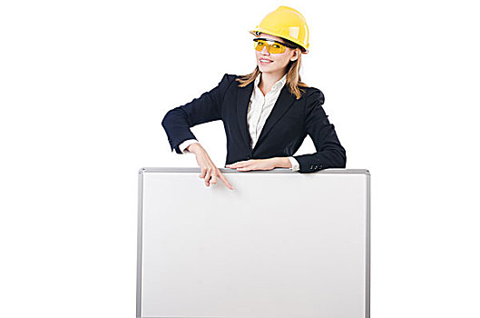 年轻,职业女性,安全帽,留白,信息板,隔绝,白色背景