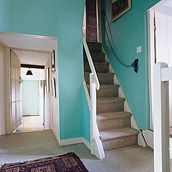 简单,楼梯,墙壁,灰色,地毯,走廊