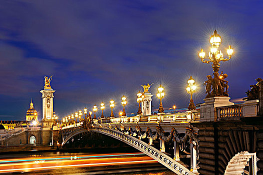 巴黎,塞纳河,亚历山大三世,桥,晚间