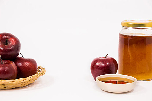 堆,苹果,红苹果,罐,蜂蜜,碗,隔绝,白色背景