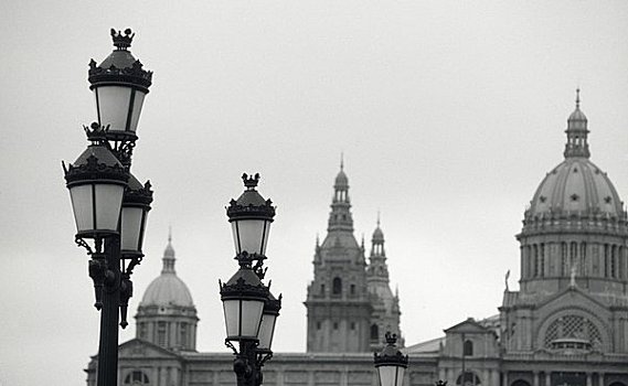 灯柱,博物馆,背景,宫殿,蒙特足斯,巴塞罗那,西班牙