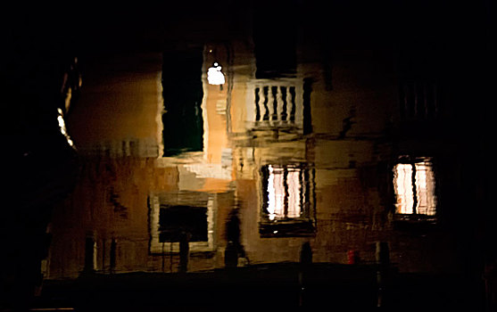 倒影,建筑外观,男人,威尼斯,夜晚
