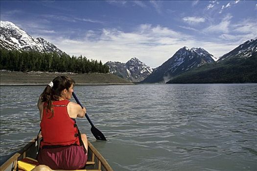 独木舟,湖,楚加奇州立公园,阿拉斯加,夏天,景色