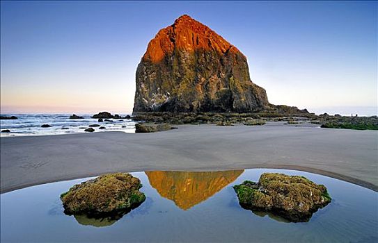 著名,黑斯塔科岩,独块巨石,石头,坎农海滩,旅游胜地,俄勒冈,美国,北美