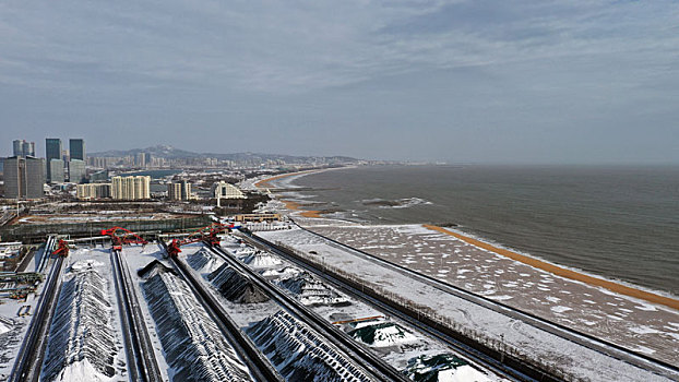 山东省日照市,煤山变,雪山,航拍港口煤炭堆场