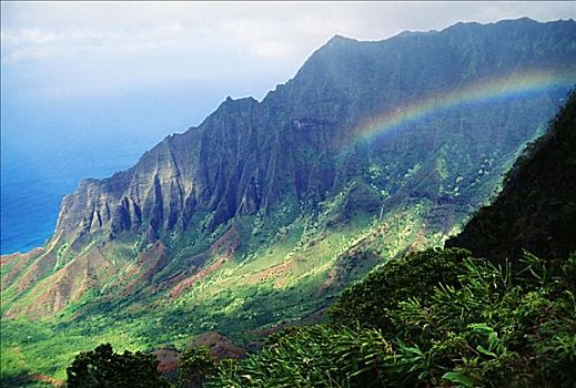 夏威夷,考艾岛,纳帕利海岸,卡拉拉乌谷,视点,彩虹