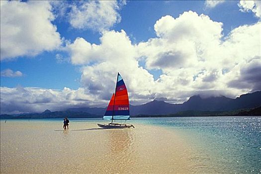 夏威夷,瓦胡岛,卡内奥赫湾,沙洲,帆船