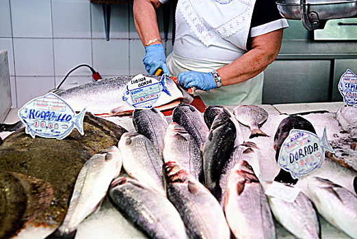 市场,女人,切片,三文鱼,展示,左边,右边,大菱鲆,海洋,乌颊鱼,鲷鱼,销售,鱼,货摊,中心,瓦伦西亚,西班牙,欧洲