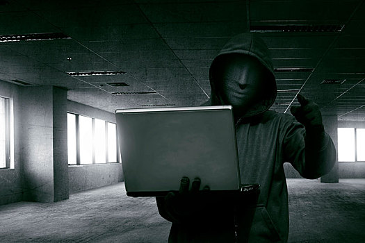 黑客,男人,面具,拿着,笔记本电脑,站立