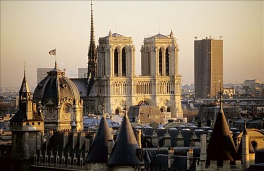 法国,巴黎,圣母大教堂,日落
